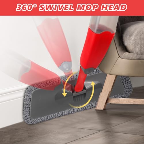 Image of HOMTOYOU Dust Mop for Hardwood Floors: Microfiber Spray Mop for Cleaning | 3 Pcs Washable Reusable Pads, 1Pcs 400+ML Refillable Bottle, 360-Degree Swivel Mop, Red & Gray