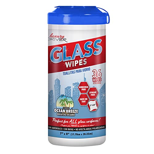 Glass Cleaner Car Wipes for Windows for Windshield for Mirrors Disposable and Streak Free Cleaning Wipes for Auto Glass or Kitchen and Home By Luxury Driver - Auto Ocean Breeze (36 Ct Canister)
