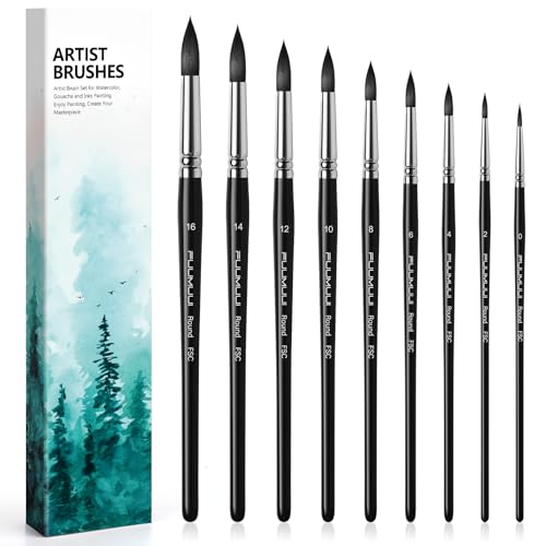 Aquarellpinsel Set - 9 Stück Premium Synthetisches Eichhörnchenhaar Rund Pinsel Set für Aquarell Tempera | Ausgezeichnete Farbtragekapazitöt | Professionell Künstler Aquarellpinsel Watercolor Brush
