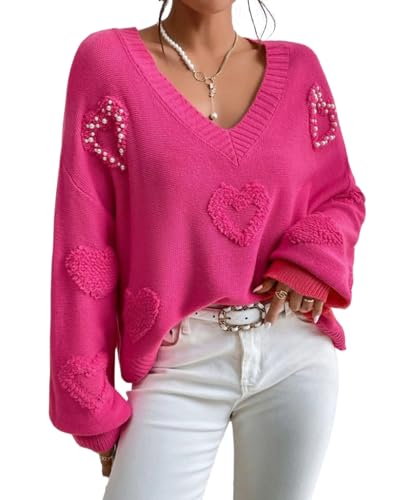 SELINK Women's Fuzzy Heart Sweater V Neck Pearl Drop Shoulder Casual Long Sleeve Valentines Sweaters Pullover Tops Pink-L