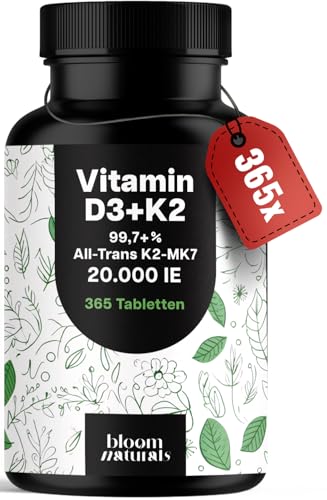 Vitamin D3 K2 hochdosiert – 365 Tabletten mit 20000 IE – 99,7+% All-Trans K2-MK7 - Vitamin D - produziert in Deutschland XXL Family Packung - Verpackung kann variieren