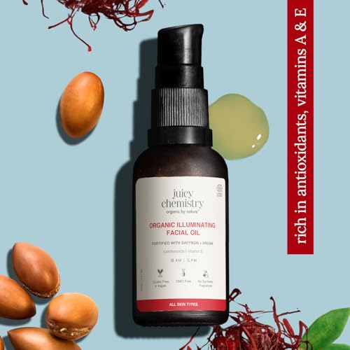 Image of Juicy Chemistry Organic Illuminating Facial Oil with Saffron + Argan, 30 ml | Boosts Skin Glow | Promotes Healthier Barrier | Brightens & Evens Out Skin Tone | Non-sticky & Lightweight | Dermatologically Tested
