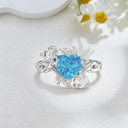 Image of 0.3 Carat Moissanite and White Opal /Blue Opal /Black Opal Engagement Ring 925 Sterling Silver 8-9 MM Heart /Round /Oval Cut Opal Moissanite Ring for Women Size 5-13