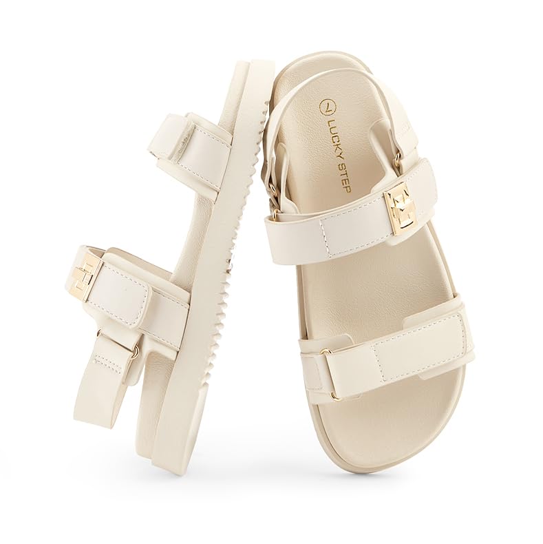 LUCKY STEP Women's Flat Sandals Casual Open Toe Beach Sandals Adjustable Double Strap Summer Sandals