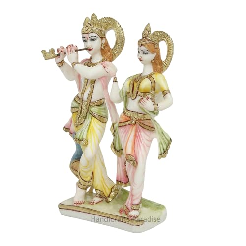Image of Handicrafts Paradise Culture Marble Radha Krishna with Peacock Hand Painted Statue - 6.75inch