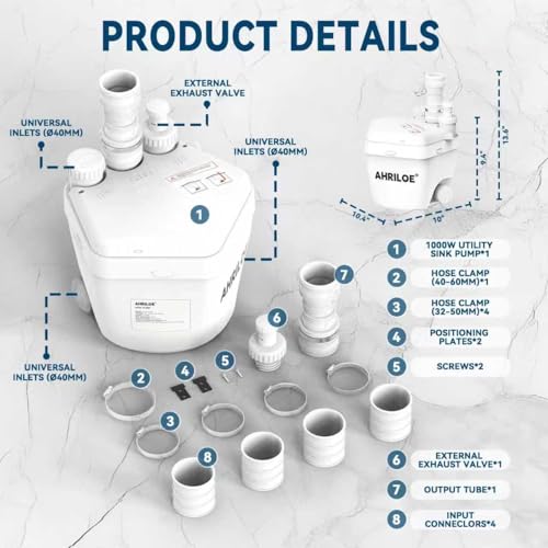 Image of 1-1 /3 HP Utility Sink Pump with 3 Inlets /1 Outlets(Not for Toilet) | 1-1 /3 HP Utility Sink Pump, 1000W Macerator Pump with 3 Inlets /1 Outlets, 2250 GPH Sewage Pump(Not for Toilet)
