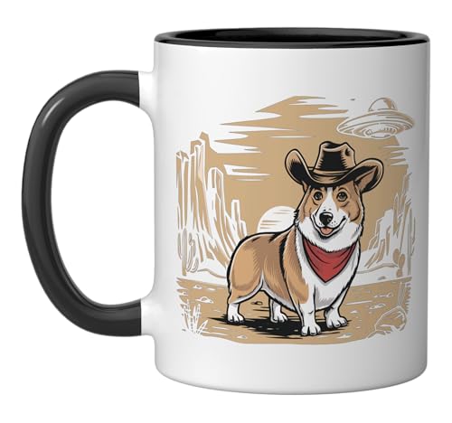 Taza de cerámica Corgi UFO Cowboy negro y blanco miniatura 1