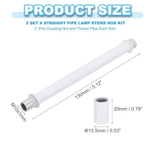 Image of PATIKIL Straight Pipe Lamp Stems Rod Kit, 2 Set M10 Carbon Steel 130mm(5.12 inch) Long Double End Thread Rod with Coupling Nuts Sleeve Connector for Table Lamps Chandeliers,White