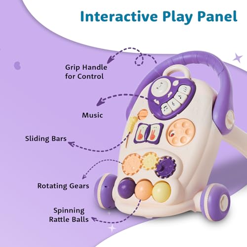 Image of Amazon Brand - Supples Baby Walker with Music, LED Lights & Handle | Push Activity Walker with Water /Sand Tank for Stability | Learning Toy for Toddlers 9+ Months | Beige & Purple