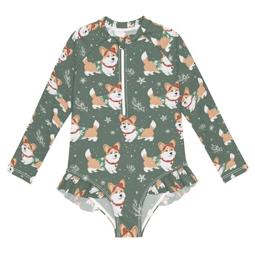 ALAZA Christmas Snow Snowflake Dog Puppy Girls One Piece Swimsuit Long Sleeve Rash Guard Swimsuits UV 50+ Swimwear Zipper