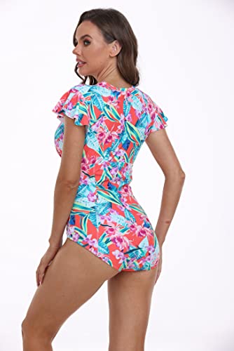 BIMEI One-Piece Mastectomy Swimsuit Zip Front Rash Guard Short Sleeve Pocketed for Women Sport Bathing Athletic Printed 2216 6