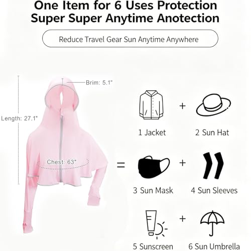 Image of Womens Sunscreen Hoodie Jacket /Shirt UPF 50+ UV Protection from Sun & Pollution with Wide Brim Hat Face Mask Lightweight Full Zip for Outdoor Running Hiking
