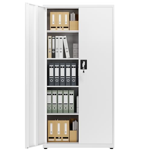 LAND·VOI Armoire en Acier 5 Niveaux avec Serrure Étagères Réglables Portes Battantes Armoire de Bureau Rangement Métallique pour Bureau Garage Cuisine...