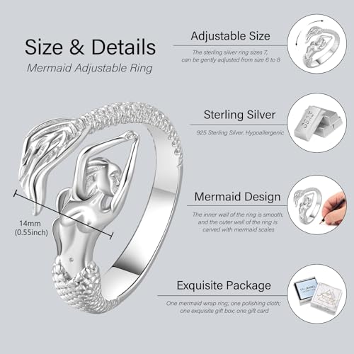Mermaid Adjustable Ring - 925 Sterling Silver Fairytale Little Mermaid Open Wrap Rings for Women 6