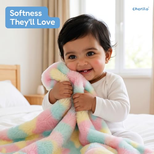 Image of Cherilo Ultra Soft Baby Blanket, Double-Sided Plush Faux Fur, Skin Friendly & Machine Washable, Ideal for New Born Baby Gifts, 100 x 75 cm, 0-18 Months, Pastel Rainbow (Pack of 1)