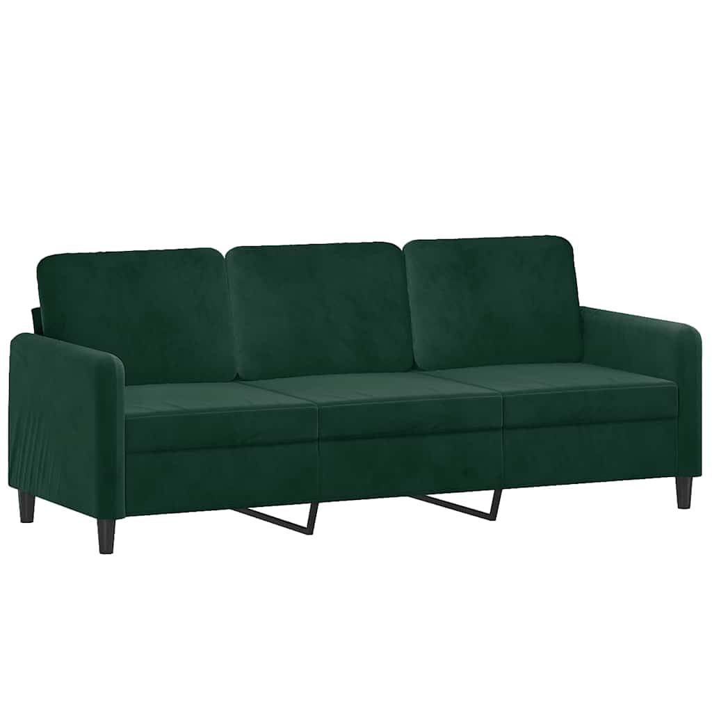 Divano 3 Posti Verde Scuro 180 cm Tessuto Velluto Struttura in Metallo con 2 Cuscini Decorativi Salotto Resistente