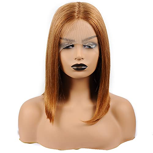 Honey Blonde Short Bob Wig Human Hair Straight Hair T Part Lace Front Wigs for Women 150%(16 Inch, Blonde)