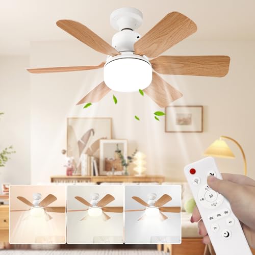 Ventilateur Plafond avec Lumiere,télécommande,51CM，Lustre Chambre,Grain de Bois,3...