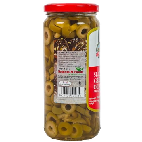 Image of CANEEN Sliced Green Olives 450g - Ready-to-Use Green Olive Slices for Pizza, Pasta, Salads, Sandwiches, Mediterranean Recipes, Appetizers & Snacks | Seedless Vegetarian Cooking Ingredient PACK OF 1
