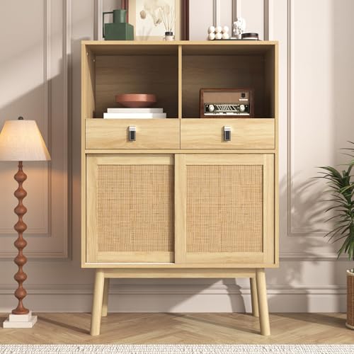 Aparador 80x39,5x120 cm, Mueble de Ratán, Puertas con Trama de Ratán Real, 2 Cajones, 2 Puertas y 2 Compartimentos Abiertos, Patas de Mesa Altura 18 cm, Armario Almacenaje para Salón Comedor Oficina