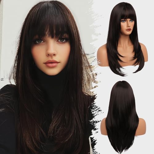 Perruque synthétique longue ondulée frange amovible volumineuse 66 cm