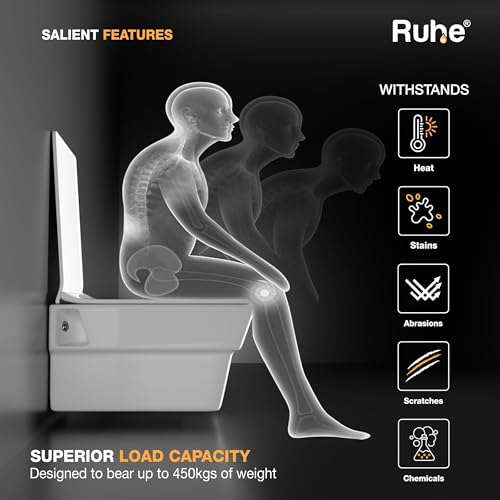 Image of Ruhe Alvo Wall-Hung Rimless Western Commode with Washdown Flushing System | P-Trap | 20.5 x 14.4 x 13.4 inches | Ceramic White Glossy Finish, Space-Saving Design | Includes Soft-Close Seat Cover