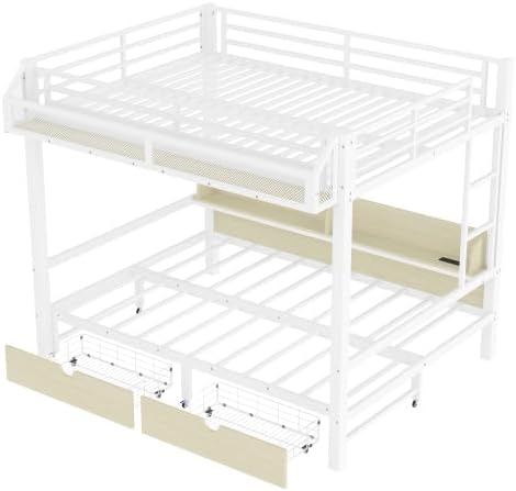 Bellemave Queen Over Queen Metal Bunk Bed with 2 Drawers, Shelves, LED Lights & USB Ports, the Lower Can be Converted into Sofa, Multifunctional Bunk Beds Frame for Kids Teens, White