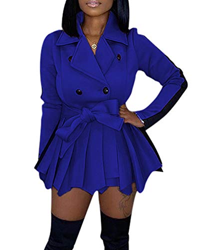 CXINS Women's Fashion Long Sleeve Lapel Double-Breasted Thick Wool Trench Coat Jacket with Belt Swing Mini Dress