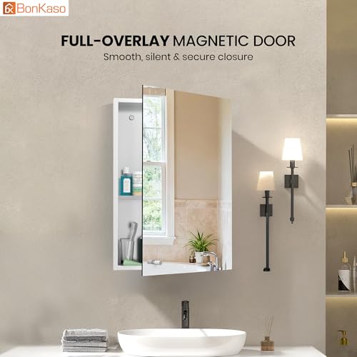 Image of BonKaso Premium SS 304 Bathroom Mirror Cabinet | Wall-Mounted Stainless Steel Storage Cabinet with Frameless Mirror (16x24 Inch, Chrome Finish)