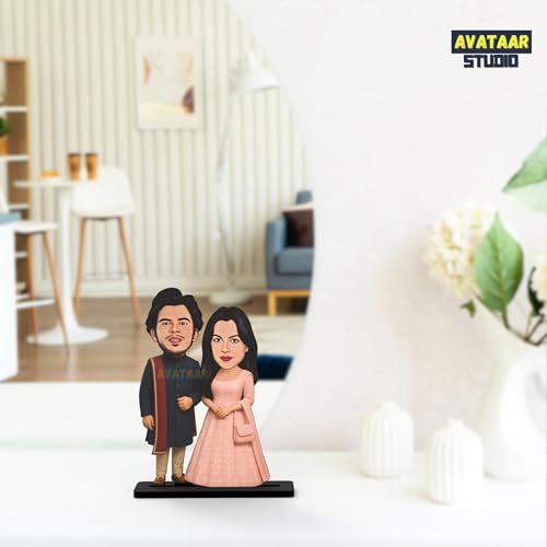 Image of Wood Rectangular Personalized Caricature Gift for Couple, 7 Inches, Tabletop Multicolor, Art Deco Style (COUPLE DES - 5)