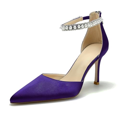 Image of Pointed Toe Pearl Wedding Shoes for Bride White High Heels Satin Bridal Shoes Zipper Back Evening Party Dance Dresses Shoes Pumps for Women