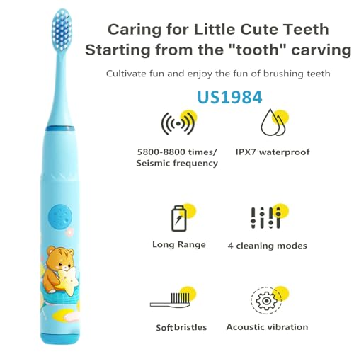 Image of Sonic Electric Toothbrush for Kids with 4 Modes, 3 Brush Heads & Rechargeable Battery, Ultra Soft Nylon Bristles, IPX7 Waterproof, Electric Power Tooth brush (Blue & Pink)