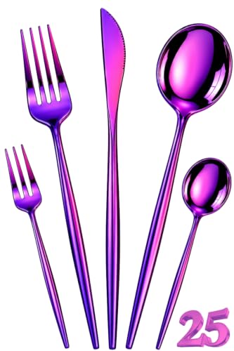 Image of Slim Handle Pink 25 Pcs Stainless Steel Cutlery Set for Dining Table, Dishwasher Safe Glossy Flatware (5 Spoon Set+5 Forks Set+5 Butter Knife+5 Dessert Spoon+5 Fruit Fork)