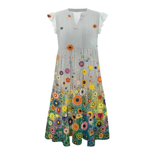 Image of Womens Summer Dress Ruffle Sleeve V Neck Dress Casual Fit Flowy Beach Vacation Sundress with Pocket S-2XL