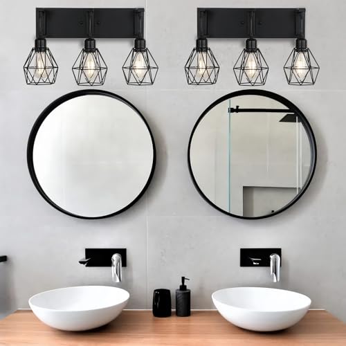 Image of Somniferous Farmhouse Bathroom Light Fixtures, 3 Light Bathroom Vanity Lights Over Mirror, Black Vanity Light with Caged Metal Shade, Rustic Wall Sconce for Bedroom, Living Room, Hallway, E26 Socket
