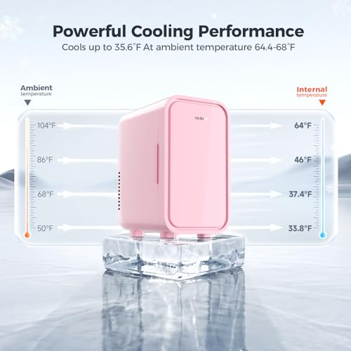 Image of YASHE Mini Fridge, 6 Liter /8 Can 110V AC /DC Portable Thermoelectric Cooler Refrigerators for Bedroom, Skincare, Beverage, Office, Dorm Room and Car, Pink
