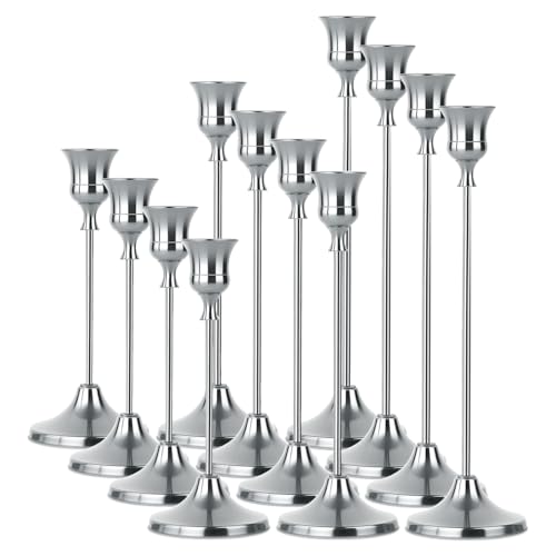 4 Sets(12 Pcs) Silver Tapered Candle Holder Candlestick Tall Metal Candlestick Holders for Table Centerpiece Home Decor for Wedding Fireplace Mantel Housewarming Gift Fits 3/4 Inch Thick Candles