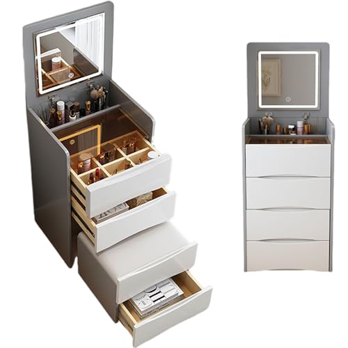 Moderno juego de tocador con luz LED con espejo abatible para espacios pequeños, escritorio compacto con panel plegable y taburete de almacenamiento, ideal para decoración de dormitorio (gris, 48 x 40