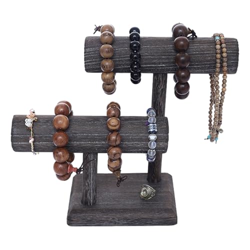 Exhibidor de soporte de joyería | Organizador de joyería de madera | Organizador de joyas de madera en T de 2 niveles para anillos, collares, pulseras, relojes, pulseras de collar para