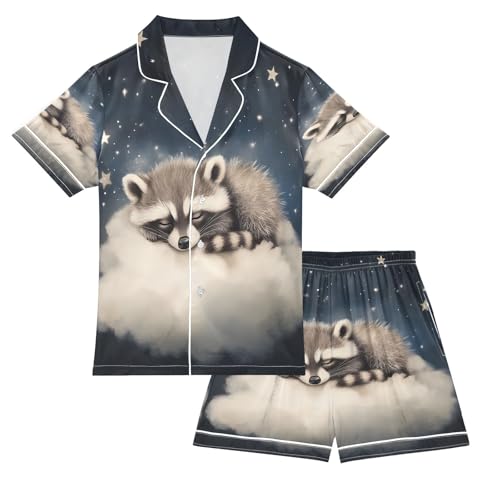 ALAZA Raccoon Starry Sky Cloud Satin Pajamas Set Short Sleeve Button Down Sleepwear Summer Pjs 2 Piece