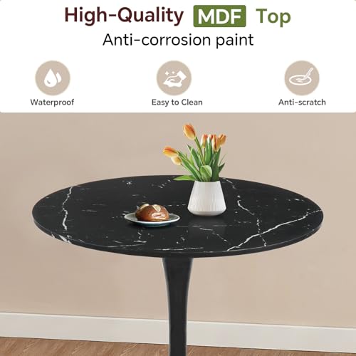 Image of Round Dining Table 27.5 inch Faux Marble Black Tulip Table with Pedestal Base for 2-4 People Small Space - Kitchen Living Room Cafe