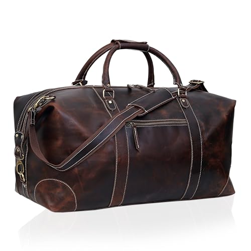 Leather Travel Duffle Bag 24 inch Genuine Buffalo Leather Sports Bag Gym Duffel for Men Airplane Under Seat Carry on Bags Overnight Weekender Duffel (Brown)3