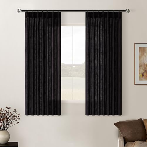 Image of TWODRAPES Black Pinch Pleated Linen Cafe Curtains 45 Inch Length 2 Panels for Dining Room Kitchen Bedroom Semi Sheer Pleat Drapes with Hooks Rings Light Filtering Short Window Curtain Cabinet 40x45