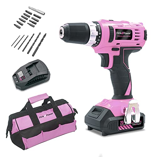 Pink Power Pink Drill Set for Women 20V Cordless Drill Driver Tool Kit for Women Li-Ion Electric Drill, Power Drill Set with Tool Bag, Battery, Charger & Drill Bit Set - Lightweight Screwdriver Drill