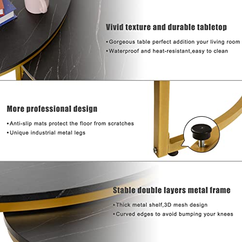 Image of NSdirect Nesting Coffee Table Set of 2,Round Coffee Tables Modern Circle Table for Living Room Accent End Side Table with Storage Open Shelf Faux Marble Wood Top & Gold Sturdy Metal Frame(Black&Black)