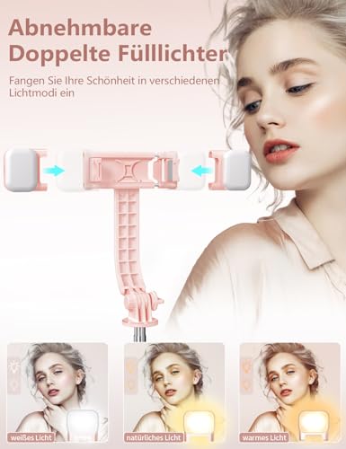 Selfie Stick mit Fülllicht, 114 cm Smartphone Stativ mit Fernauslöser Kompatibel mit iPhone 15/14/13/12/11 Pro/Max/Plus, Huawei, Xiaomi(Rosa) 2