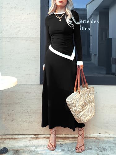 2 Piece Skirt Sets for Women 2024 Trendy Ribbed Knit Long Sleeve Crop Top Pleated Midi Flowy Skirts Matching Sets2