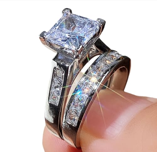 LMCIEZR Luxury 925 Sterling Silver AAA Cubic Zirconia Exaggerated rhinestone ring set Bridal ring CZ Full Diamond Engagements Rings Wedding Eternity Wedding Band Rings Jewelry Gift (Size 6)