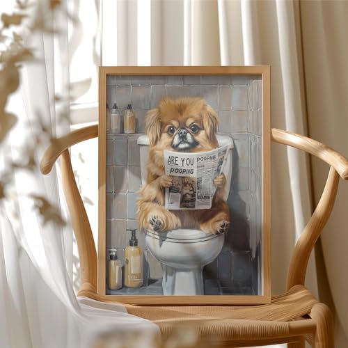 Image of Pekingese on Toilet Wood Framed Wall Art Print Poster, Dog Bathroom Humor Decor Posters Prints for Restroom Home Picture Painting Artwork Gallery 7 (Pekingese, 10 inchL x 8 inchW, Wood Frame)