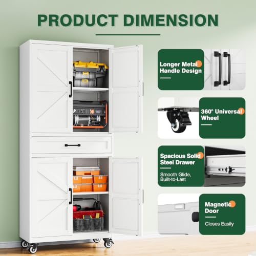 Image of Letaya Metal Garage Storage Cabinets with Wheels,White Rolling Tool Cabinet